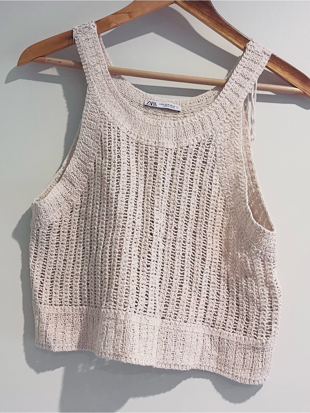 Zara Crochet Knit Crop Tank Top MEDIUM Beige Tan Natural Boho Cover Up Beach